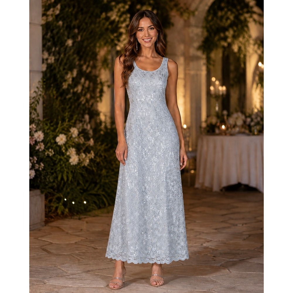 R & M Richard Old Hollywood Glamour Silver Floral Lace Sequin Maxi Dress 16 Gown